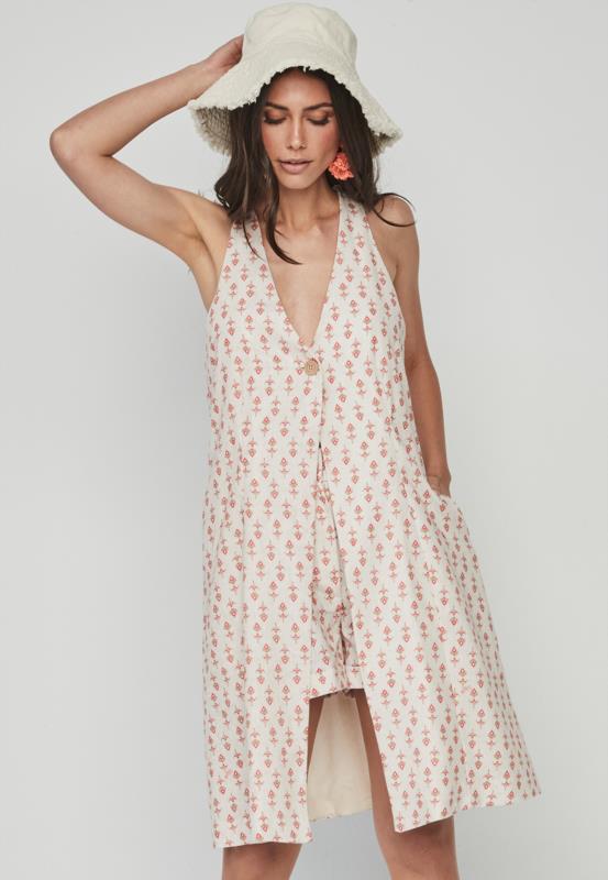 CHALECO LARGO BEIGE Y CORAL